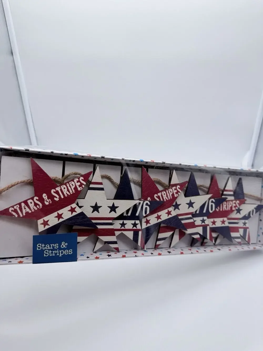 Stars & Stripes 6ft Wood Star Garland Patriotic USA Red White Blue Decor NIB